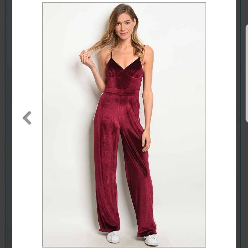 Burgandy velvet jumpsuit with side snaps